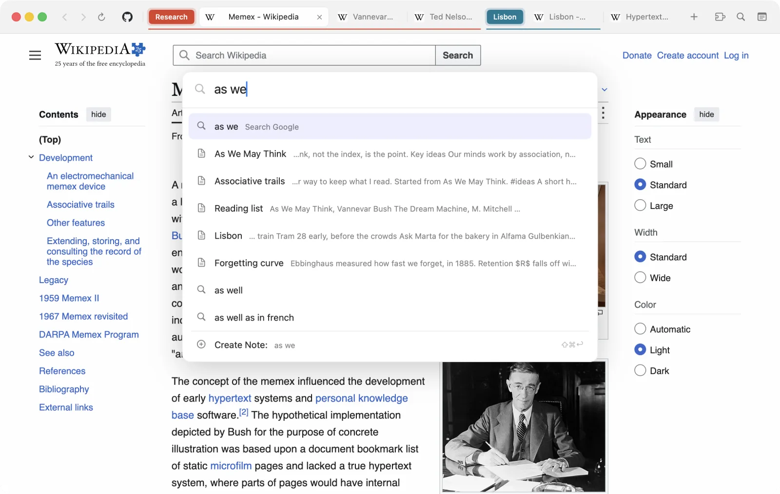 The omnibox, with web suggestions, notes and tabs.